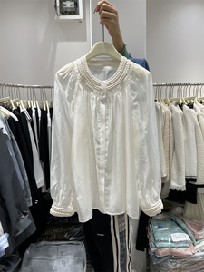 YBS韵芭莎1011韩国小清新宽松显瘦时尚白色圆领天丝长袖衬衫上衣