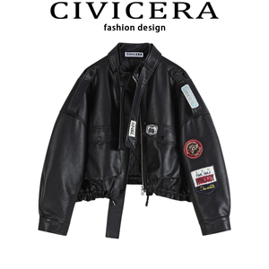 CIVICERA设计感小众机车皮衣女春秋美式复古夹棉加厚短款PU皮夹克