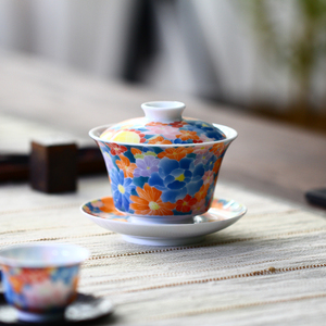 景德镇 纯手作 手绘釉下五彩盖碗 清雅风茶具 陶瓷三中式才盖碗