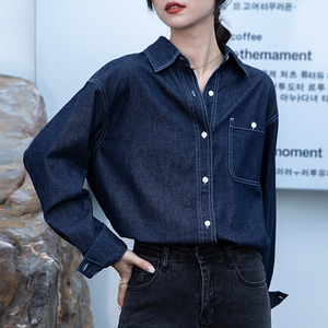 深蓝色复古港风牛仔衬衫女软外套纯棉休闲宽松韩版叠穿上衣春秋款