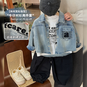 潮款日系风！男童女童字母牛仔衬衫短袖T两件套春款韩版儿童套装