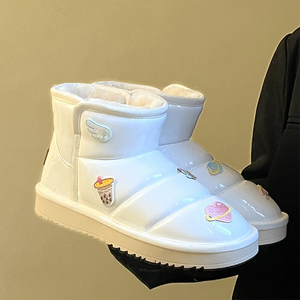 林先叁 原创设计DIY皮面雪地靴女冬季少女心白色二棉鞋加绒短筒靴