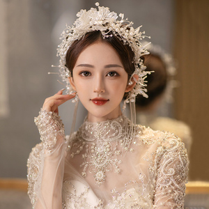韩式甜美白色造液花手工立体发箍新娘婚纱造型浪漫白纱头饰耳挂