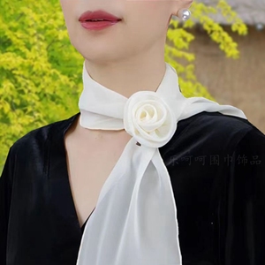 新款韩版玫瑰花丝巾装饰优雅纯色雪纺领花遮颈纹百搭气质优雅围巾