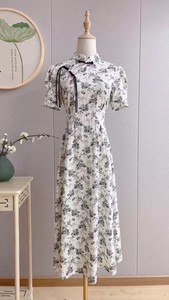 新款夏季女水墨画长中国风改良版短袖斜襟高腰修身显瘦旗袍连衣裙