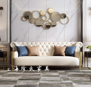 北欧简约拉扣不锈钢三人沙发美式轻奢现代客厅白色皮艺双人位沙发