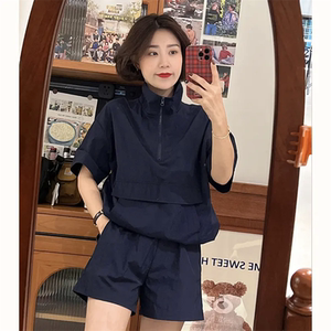 抖音吴茜妮同款藏青纯色短袖拉链高龄防风上衣短裤两件套夏季女新
