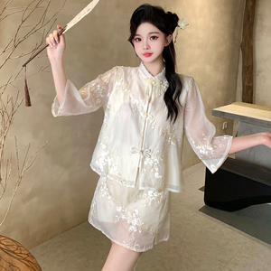 大码女装夏季新中式国风重工刺绣立领盘扣衬衫包臀连衣裙两件套装