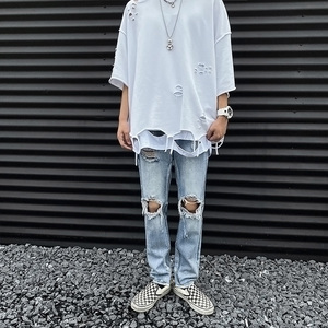 fog高街风格破洞牛仔裤男士乞丐做旧修身流苏ins潮牌侃爷同款长裤