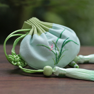 指间集 原创手工刺绣兰花香囊 古风汉服中国结流苏荷包 绿色空袋