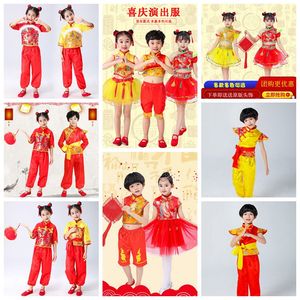 新款儿童喜庆打鼓服中国红演出服蓬蓬裙说唱幼儿女童开门红秧歌服
