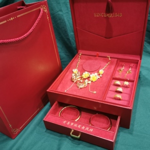 婚庆结婚首饰套装盒三金首饰盒红绒红色婚庆5件套三件套彩礼盒