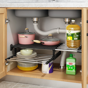 厨房下水槽置物架橱柜内分层隔板伸缩下水管道放锅具收纳架子双层