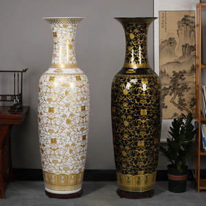 景德镇陶瓷落地大花瓶黄白彩满花缠枝莲客厅玄关装饰开业送礼摆件