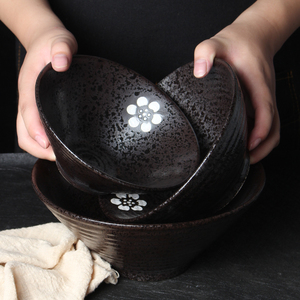 日式黑色拉面碗陶瓷粗陶斗笠碗酒店商用汤面碗家用面馆大号吃面碗