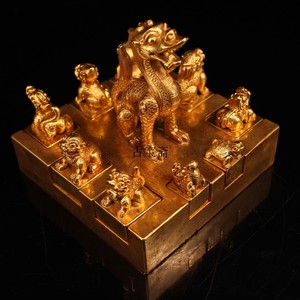 旧藏收清代皇帝御用珍藏收纯铜纯手工雕刻鎏金龙印章玉玺一套低转