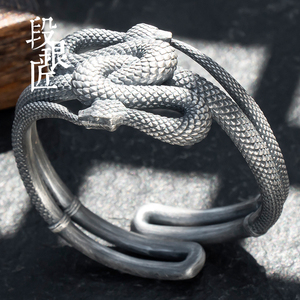 银手镯女999纯银送妈妈云南手工雪花银饰品开口复古蛇形足银镯子