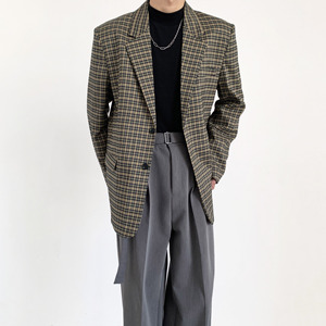 春秋新款休闲千鸟格子西装外套男复古宽松垫肩西服百搭韩版上衣潮