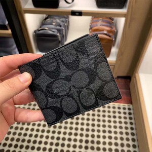 coach蔻驰 钱包男士黑灰色印花短款对折钱夹卡夹礼盒装 f74993