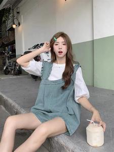 韩系女套装氛围感显瘦设计牛仔背带裤裙叠穿T恤坎肩小个子减龄潮