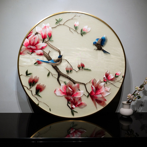 圆形实木玄关招财玉兰花苏绣成品挂画走廊过道刺绣装饰画新中式