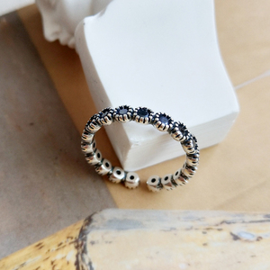 韩版S925纯银简单款简约细戒指女黑锆石复古做旧个性关节戒子指环