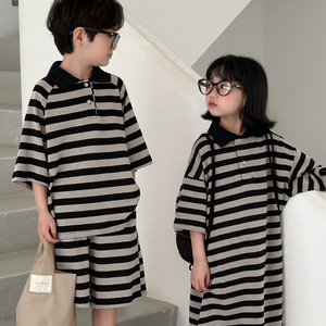 儿童套装男童女童夏季韩版条纹POLO衫短裤卫衣裙兄妹洋气两件套潮