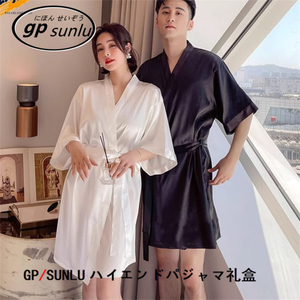 日本GP性感情侣睡袍女夏季纯色真丝薄款中长款睡衣男士冰丝绸浴袍