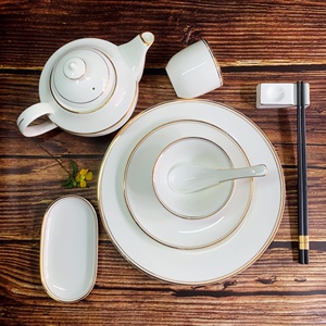 五星级酒店高骨瓷摆台餐具高端会所特色摆盘碗碟套装黄金线中西式