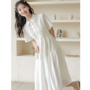 学院风文艺法式白色Polo短袖连衣裙夏季森系显瘦小个子衬衫A字裙
