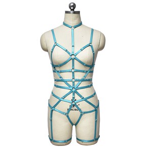 蓝色三点式绳绑缚带连体衣捆绑情趣线束一体内衣性感露胸外穿胸衣