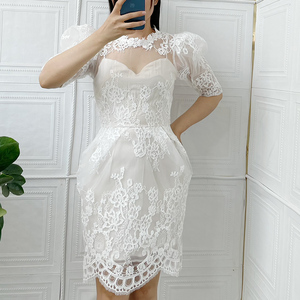 2022新款夏季女装白色仙女裙网纱蕾丝连衣裙高腰透视生日成人礼服