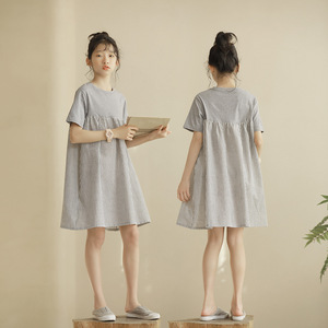 韩版女童灰色条纹拼接T恤裙夏季小学生儿童宽松连衣裙中大童裙子
