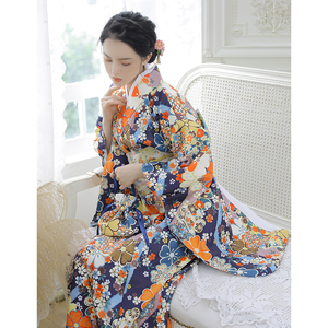 新款桔子点点 蓝樱花日本振袖和服女日式改良日系传统少女连衣裙