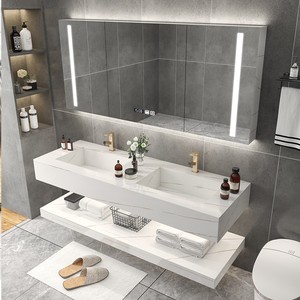 岩板一体盆浴室柜组合卫生间上下两层岩板洗手台智能双盆洗漱台柜