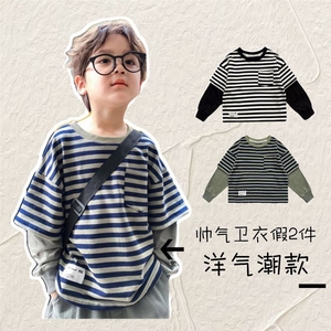 丹尼熊21秋款童装上衣韩版潮男童卫衣宝宝条纹中大童假两件