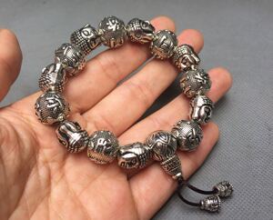 个性辟邪苗银阿弥陀佛手链男士潮男复古藏银佛珠实心佛头手串饰品