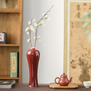 中式红色陶瓷花瓶插花禅意花器茶道居家喜庆古典博古架装饰品摆件