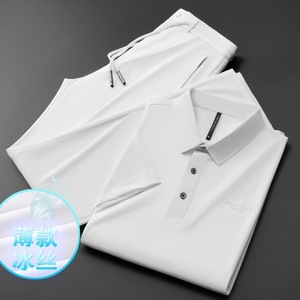 品质冰丝两件套士夏季薄款运动套装POLO短袖白色休闲套装优质男性