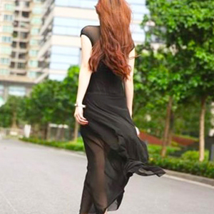 2024春季新款品牌折扣女装外贸性感黑色裙网沙礼服裙中长款连衣裙