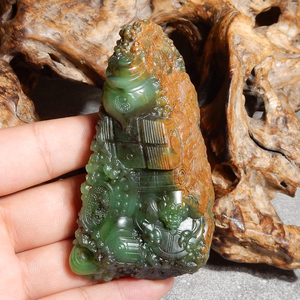 方言和田玉精品收藏新疆老熟罕见戈壁料碧玉俏雕锦灰堆把件挂件x