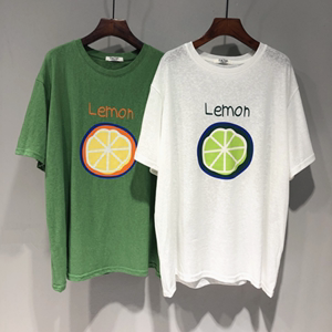 韩国2021夏季新款柠檬图案宽松显瘦慵懒风中长款棉麻短袖t恤女潮