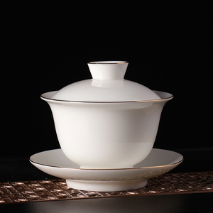 描金羊脂玉陶瓷盖碗茶杯子德化白瓷茶碗带盖单个三才功夫家用茶具