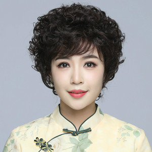 日本空气刘海假发女卷发中老年人全头套全真人发丝假发女短发奶奶
