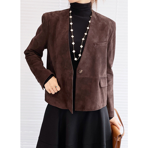 欧买 j品 北非进口山羊反绒皮 复古丝绒质感 立体裁剪一粒扣皮衣