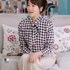 欧洲爱的厘米左小青关多云明星同款韩版长袖格子系带领衬衫上衣女