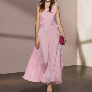 法式小众波点连衣裙气质粉色斜肩礼服裙海边度假长裙收腰大摆裙子