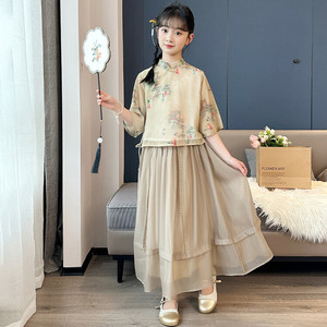 女童新中式汉服套装夏季2024新款儿童衬衣女孩纱裙长裙两件套古风