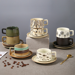 日式咖啡杯套装创意咖啡店办公室陶瓷杯子高档复古粗陶杯商用杯碟