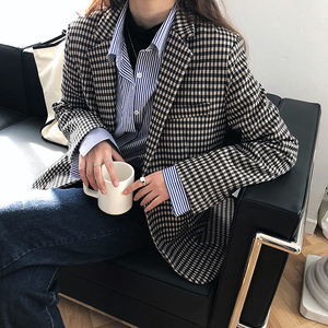 深色黑白格子西装外套女春秋学生宽松复古休闲小个子韩系西服上衣